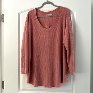 Waffle-knit oversized pink shirt that is soft and easy to style